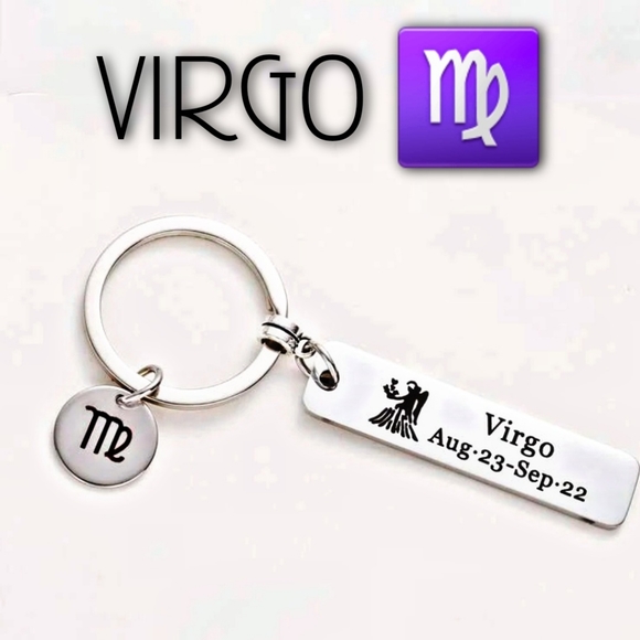 Moon Child Accessories - ZODIAC KEYCHAIN | Stainless Steel Zodiac Sign Virgo w/ Date, Image & Charm